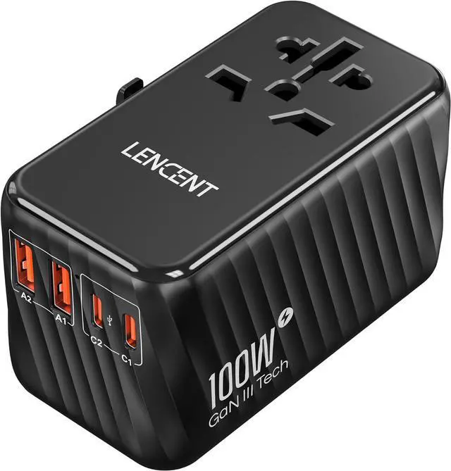 Main image of LENCENT Universal Travel Adapter, 100W GaN International Fast Charger with 2 PD3.0 Type C+2 QC USB A, Worldwide Power Adaptor for Phones,Laptops, All in One Travel Essentials for EU/USA/UK/AU, Black