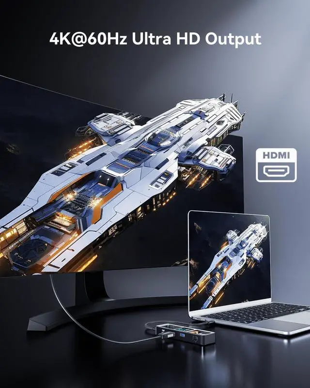 Alt view image 3 of 7 - DOCKCASE Explorer Edition Visual Smart USB C Hub (6-in-1) with HDMI Port 4K@60Hz,Gigabit Ethernet,USB-C and 2 USB-A 5Gbps Data Ports, 100w PD Power Delivery, for MacBook Air/Pro, XPS, and More