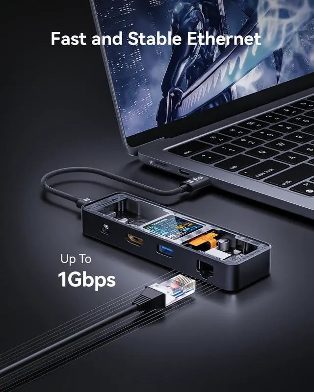 Alt view image 4 of 7 - DOCKCASE Explorer Edition Visual Smart USB C Hub (6-in-1) with HDMI Port 4K@60Hz,Gigabit Ethernet,USB-C and 2 USB-A 5Gbps Data Ports, 100w PD Power Delivery, for MacBook Air/Pro, XPS, and More