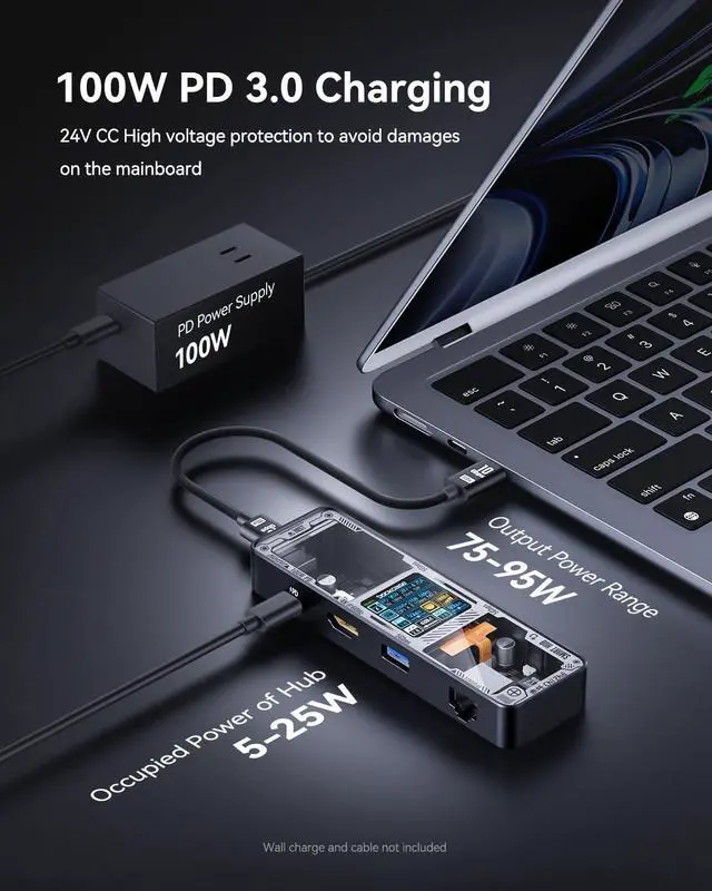 Alt view image 5 of 7 - DOCKCASE Explorer Edition Visual Smart USB C Hub (6-in-1) with HDMI Port 4K@60Hz,Gigabit Ethernet,USB-C and 2 USB-A 5Gbps Data Ports, 100w PD Power Delivery, for MacBook Air/Pro, XPS, and More