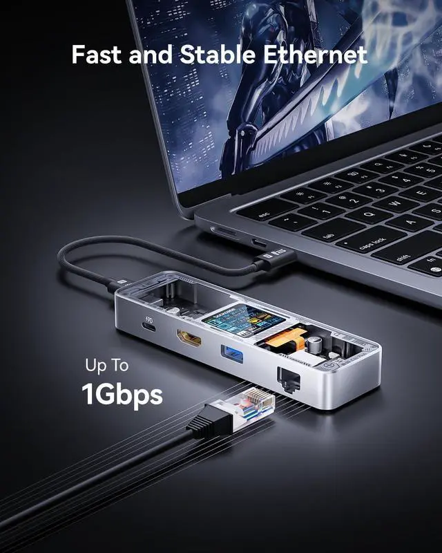 Alt view image 4 of 7 - DOCKCASE Explorer Edition Visual Smart USB C Hub (6-in-1) with HDMI Port 4K@60Hz,Gigabit Ethernet,USB-C and 2 USB-A 5Gbps Data Ports, 100w PD Power Delivery, for MacBook Air/Pro, XPS, and More
