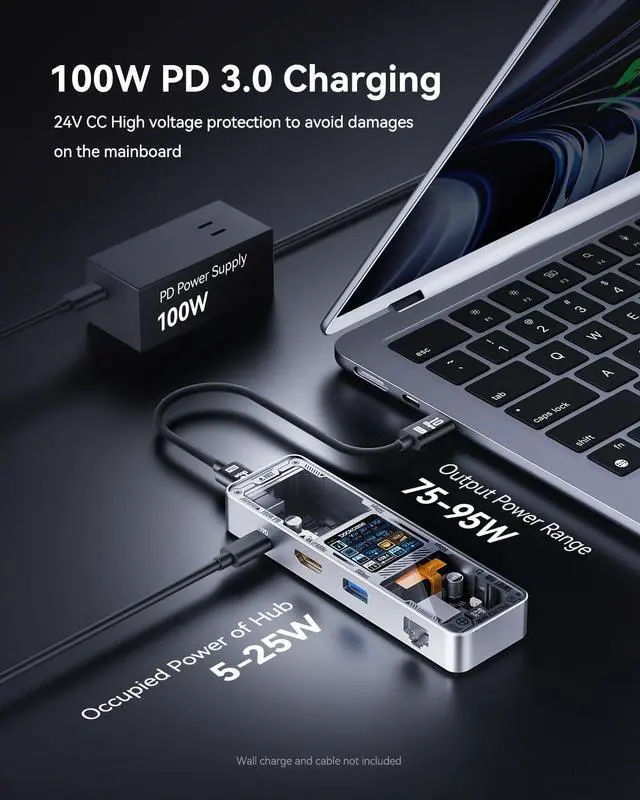 Alt view image 5 of 7 - DOCKCASE Explorer Edition Visual Smart USB C Hub (6-in-1) with HDMI Port 4K@60Hz,Gigabit Ethernet,USB-C and 2 USB-A 5Gbps Data Ports, 100w PD Power Delivery, for MacBook Air/Pro, XPS, and More