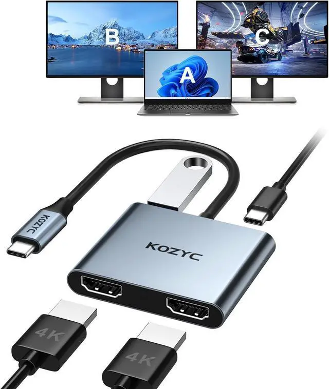 Main image of USB C to Dual HDMI Adapter 4K@30Hz, KOZYC USB C Hub Multiport Adapter with 2xHDMI, USB 3.0, 100W PD, Support USB C to HDMI Splitter Extended Display for MacBook Pro (MST is not Supported on MacOS)