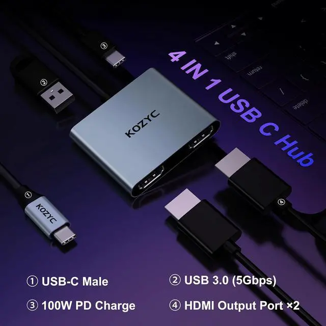 Alt view image 2 of 7 - USB C to Dual HDMI Adapter 4K@30Hz, KOZYC USB C Hub Multiport Adapter with 2xHDMI, USB 3.0, 100W PD, Support USB C to HDMI Splitter Extended Display for MacBook Pro (MST is not Supported on MacOS)