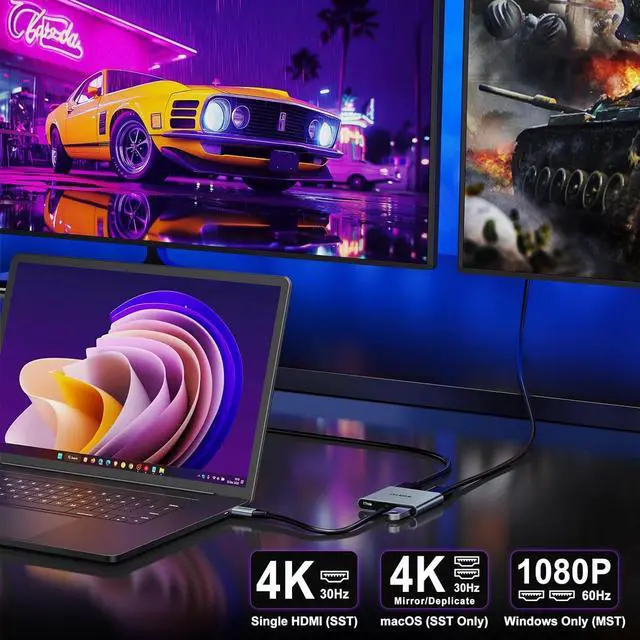 Alt view image 5 of 7 - USB C to Dual HDMI Adapter 4K@30Hz, KOZYC USB C Hub Multiport Adapter with 2xHDMI, USB 3.0, 100W PD, Support USB C to HDMI Splitter Extended Display for MacBook Pro (MST is not Supported on MacOS)