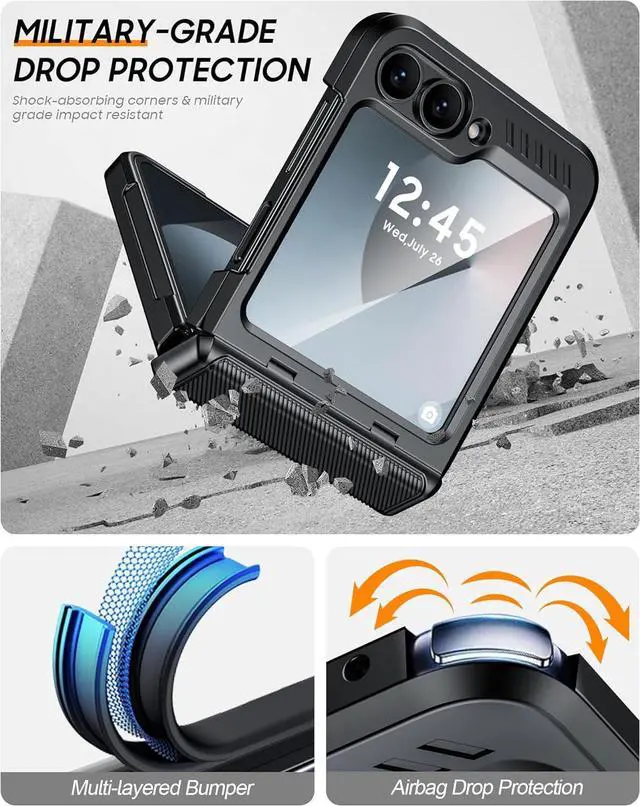 Alt view image 6 of 7 - Vizvera for Samsung Galaxy Z Flip 6 Case with Hinge Protection, Built-in Screen Protector Shockproof All-Inclusive Phone Cover for Z Flip 6/Z Flip 7 FE-Black