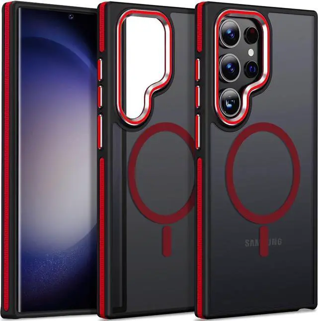 Main image of Case for Samsung Galaxy S22 Ultra Magnetic Compatible with Magsafe, Slim Translucent Cover [Shockproof Tested] Anti-Slip Soft TPU Edge Protective Case for Galaxy S22 Ultra 5G (Black/Red)