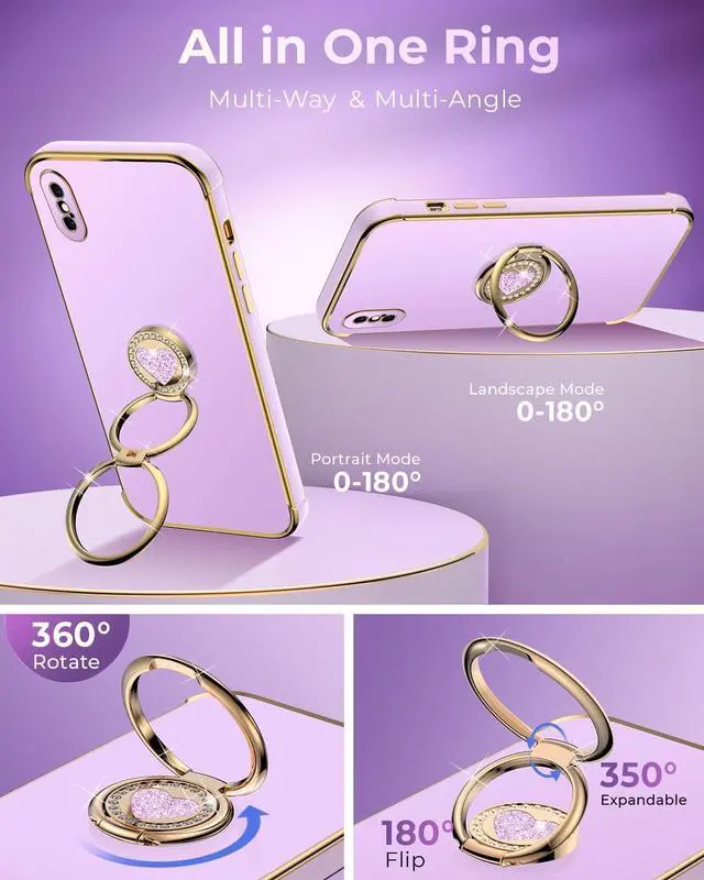 Alt view image 3 of 6 - XYZ for iPhone Xs Max Case with Stand, Phone Case with Double Ring Kickstand, Women Girl Cute Love-Heart Luxury Bling Protective Case Heart for iPhone Xs Max(6.5 inch), Purple