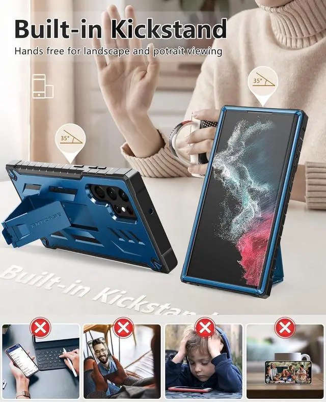 Alt view image 5 of 6 - FNTCASE for Samsung Galaxy S22 Ultra Case: Built-in Screen Protector & Kickstand Full-Body Dual Layer Rugged Military Grade Shockproof Protection Heavy Duty Protective Phone Cover 5G-Blue