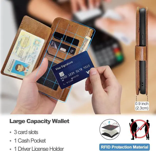 Alt view image 4 of 6 - Wallet for Samsung Galaxy S23, 6.1 Inch Magnetic Detachable With Card Holders Leather Folio Case, Wireless Charging Supported, RFID Blocking, Brown