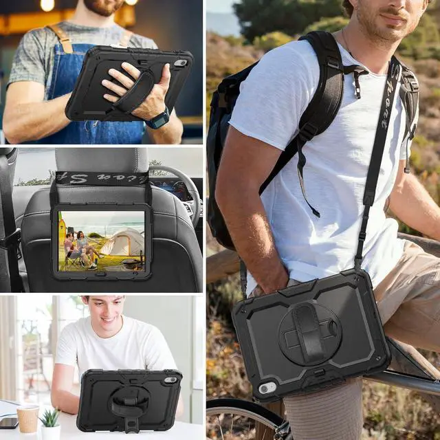 Alt view image 2 of 7 - HXCASEAC Case for A16 iPad 11th/10th Generation, Heavy Duty Protective, with Screen Protector, Pencil Holder, 360 Stand, Hand Strap, Shoulder Strap, (A2969/A2757/A3354/A3355/3356), Black