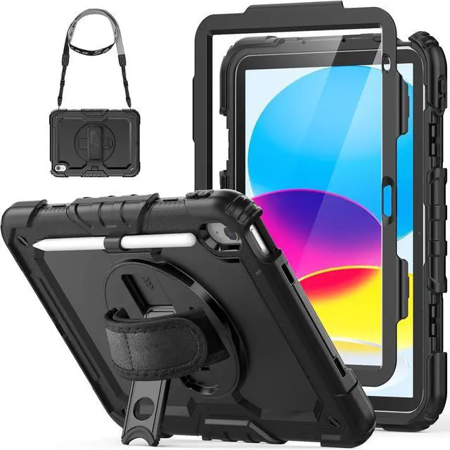 Main image of HXCASEAC Case for A16 iPad 11th/10th Generation, Heavy Duty Protective, with Screen Protector, Pencil Holder, 360 Stand, Hand Strap, Shoulder Strap, (A2969/A2757/A3354/A3355/3356), Black