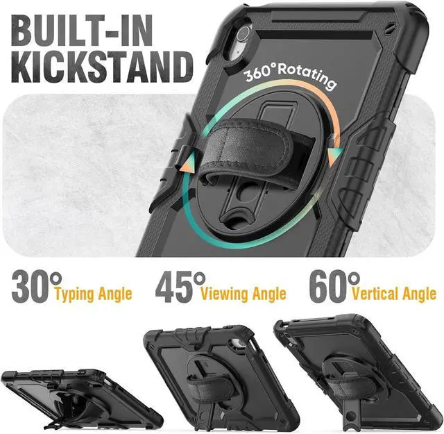 Alt view image 4 of 7 - HXCASEAC Case for A16 iPad 11th/10th Generation, Heavy Duty Protective, with Screen Protector, Pencil Holder, 360 Stand, Hand Strap, Shoulder Strap, (A2969/A2757/A3354/A3355/3356), Black
