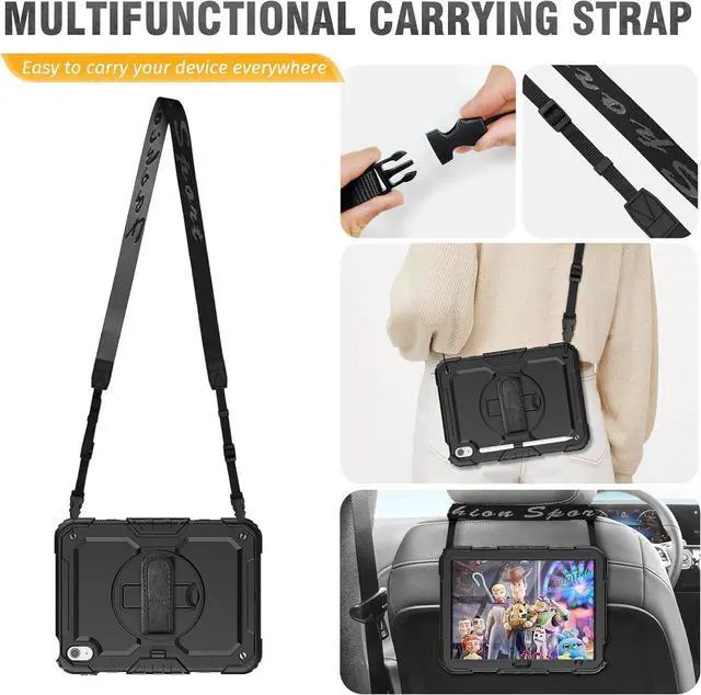Alt view image 5 of 7 - HXCASEAC Case for A16 iPad 11th/10th Generation, Heavy Duty Protective, with Screen Protector, Pencil Holder, 360 Stand, Hand Strap, Shoulder Strap, (A2969/A2757/A3354/A3355/3356), Black