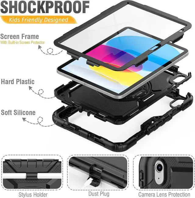 Alt view image 6 of 7 - HXCASEAC Case for A16 iPad 11th/10th Generation, Heavy Duty Protective, with Screen Protector, Pencil Holder, 360 Stand, Hand Strap, Shoulder Strap, (A2969/A2757/A3354/A3355/3356), Black