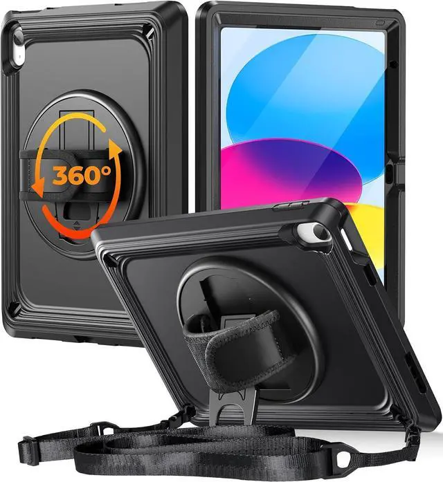Main image of TSQQST iPad (A16) 11th/10th Generation Case 10.9 Inch 2025/2022 with Screen Protector | Military Grade | 360 Rotating Stand & Hand Shoulder Strap | Rugged Silicone Heavy Duty Drop Protection | Black
