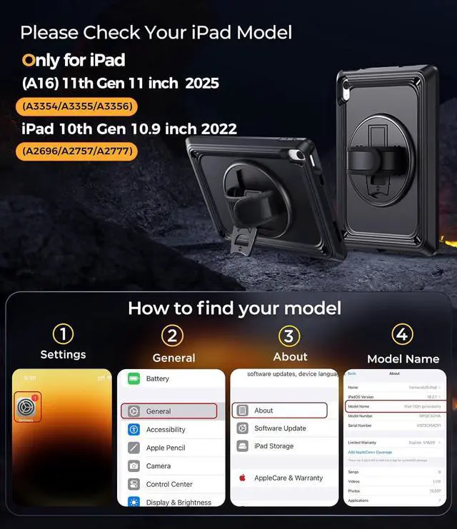 Alt view image 2 of 7 - TSQQST iPad (A16) 11th/10th Generation Case 10.9 Inch 2025/2022 with Screen Protector | Military Grade | 360 Rotating Stand & Hand Shoulder Strap | Rugged Silicone Heavy Duty Drop Protection | Black