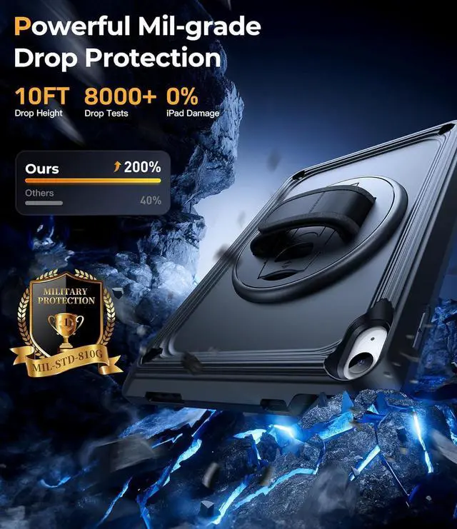 Alt view image 3 of 7 - TSQQST iPad (A16) 11th/10th Generation Case 10.9 Inch 2025/2022 with Screen Protector | Military Grade | 360 Rotating Stand & Hand Shoulder Strap | Rugged Silicone Heavy Duty Drop Protection | Black