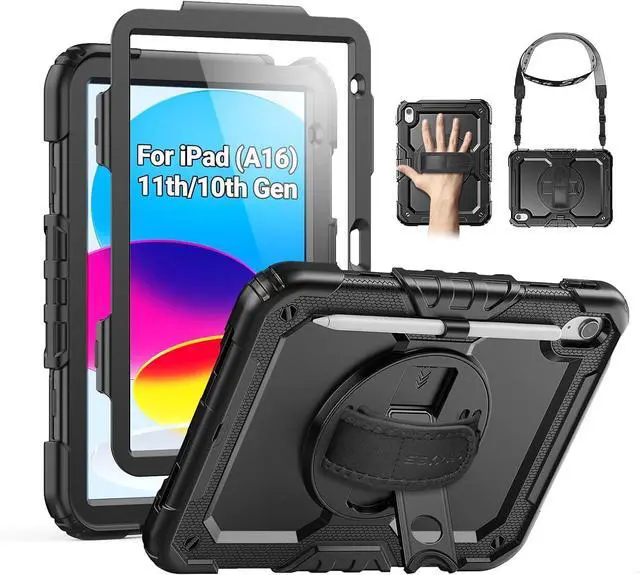 Main image of SEYMAC for iPad (A16) 11th/10th Generation Case 2025/2022 (11/10.9), Sturdy Heavy Duty Full-Body Shockproof Protective Case with Screen Protector, Rotating Stand, Hand/Shoulder Strap, Black