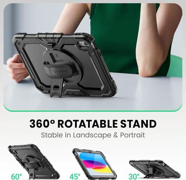 Alt view image 4 of 7 - SEYMAC for iPad (A16) 11th/10th Generation Case 2025/2022 (11/10.9), Sturdy Heavy Duty Full-Body Shockproof Protective Case with Screen Protector, Rotating Stand, Hand/Shoulder Strap, Black