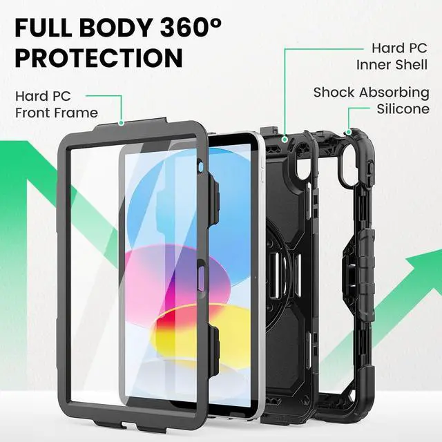 Alt view image 5 of 7 - SEYMAC for iPad (A16) 11th/10th Generation Case 2025/2022 (11/10.9), Sturdy Heavy Duty Full-Body Shockproof Protective Case with Screen Protector, Rotating Stand, Hand/Shoulder Strap, Black