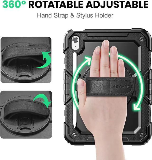 Alt view image 3 of 7 - SEYMAC for iPad (A16) 11th/10th Generation Case 2025/2022 (11/10.9), Sturdy Heavy Duty Full-Body Shockproof Protective Case with Screen Protector, Rotating Stand, Hand/Shoulder Strap, Black