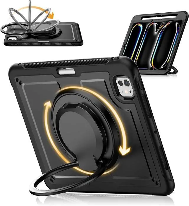 Main image of for ipad pro 11 inch case M4 2024, Shockproof Protective Cover,360° Rotating Handle Stand,Adjustable Shoulder Strap& Pencil Holder, Black