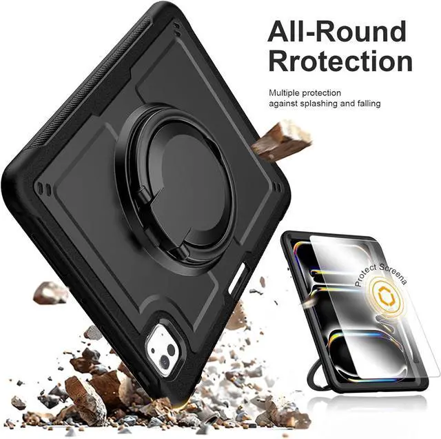 Alt view image 2 of 7 - for ipad pro 11 inch case M4 2024, Shockproof Protective Cover,360° Rotating Handle Stand,Adjustable Shoulder Strap& Pencil Holder, Black