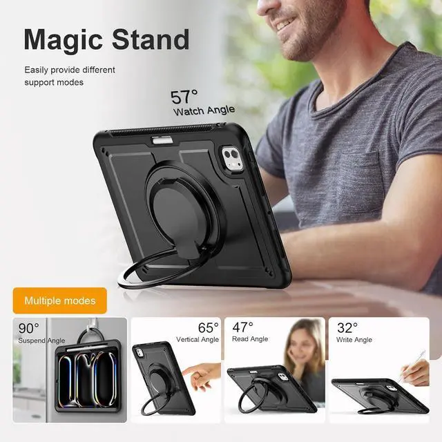 Alt view image 4 of 7 - for ipad pro 11 inch case M4 2024, Shockproof Protective Cover,360° Rotating Handle Stand,Adjustable Shoulder Strap& Pencil Holder, Black