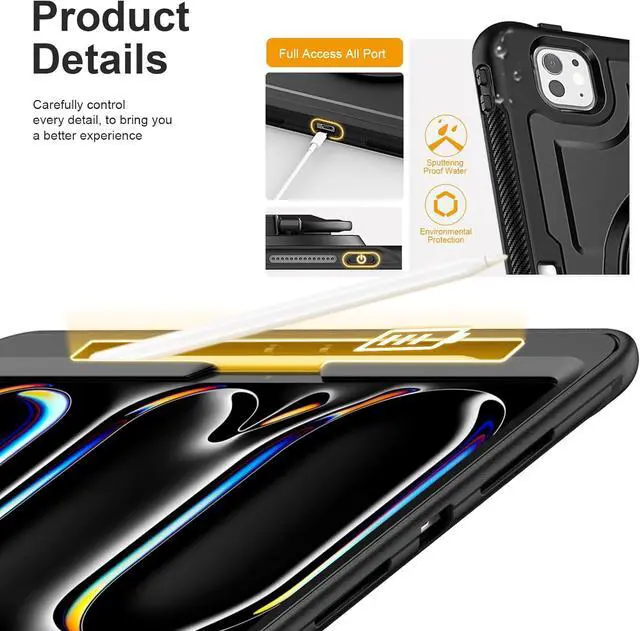 Alt view image 6 of 7 - for ipad pro 11 inch case M4 2024, Shockproof Protective Cover,360° Rotating Handle Stand,Adjustable Shoulder Strap& Pencil Holder, Black