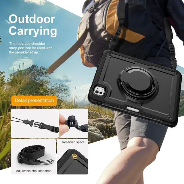 Alt view image 7 of 7 - for ipad pro 11 inch case M4 2024, Shockproof Protective Cover,360° Rotating Handle Stand,Adjustable Shoulder Strap& Pencil Holder, Black