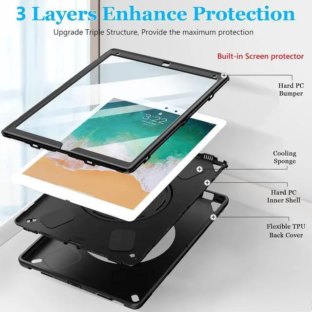 Alt view image 6 of 7 - Case for iPad Pro 12.9 2nd Generation 2017 & 2015 1st Generation, Heavy Duty Rugged TPU Protective Cover with Screen Protector- Stand + Handle Hand & Shoulder Strap + Pencil Holder- Black