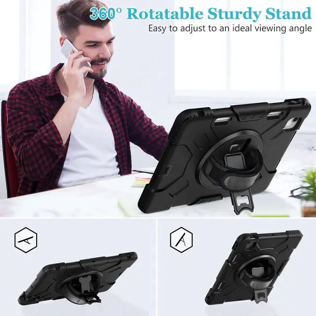 Alt view image 3 of 7 - Case for iPad Air 11 M3 2025 & M2 2024: Cover for iPad Air 5th & 4th Generation 10.9 Inch (2020/2022) with Screen Protector- Stand- Handle- Shoulder Strap- Pencil Holder-Black+Black