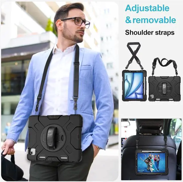 Alt view image 5 of 7 - Case for iPad Air 11 M3 2025 & M2 2024: Cover for iPad Air 5th & 4th Generation 10.9 Inch (2020/2022) with Screen Protector- Stand- Handle- Shoulder Strap- Pencil Holder-Black+Black