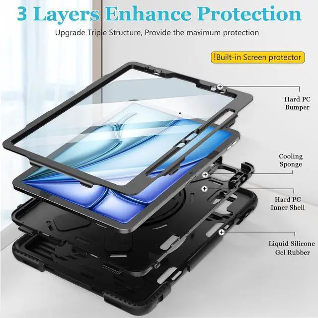Alt view image 6 of 7 - Case for iPad Air 11 M3 2025 & M2 2024: Cover for iPad Air 5th & 4th Generation 10.9 Inch (2020/2022) with Screen Protector- Stand- Handle- Shoulder Strap- Pencil Holder-Black+Black