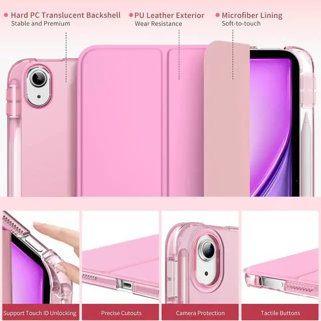 Alt view image 3 of 7 - MoKo for iPad Air 11 inch Case M3/M2 2025/2024, iPad Air 5th/4th Gen 10.9 inch Case 2022/2020 with Pencil Holder, Slim Lightweight Trifold Cover with Hard PC Translucent Back Shell, Pink