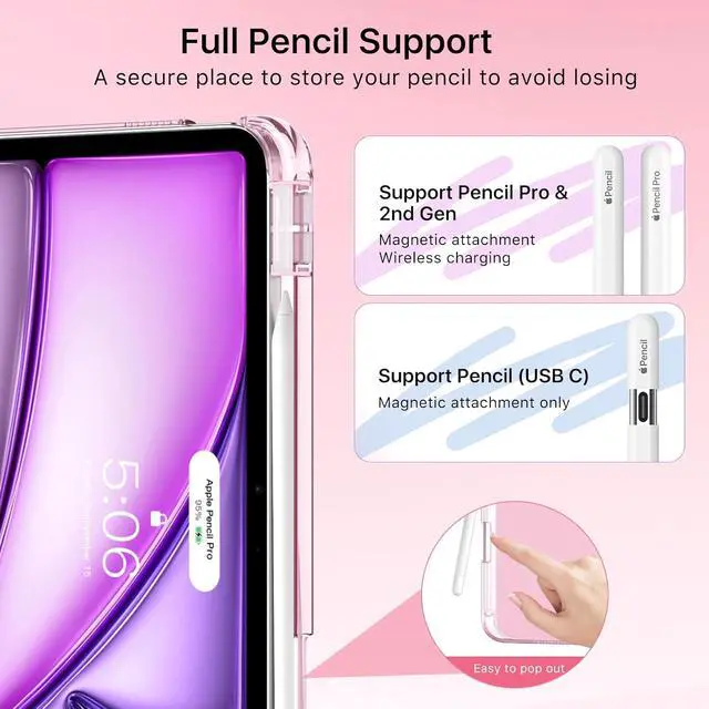 Alt view image 6 of 7 - MoKo for iPad Air 11 inch Case M3/M2 2025/2024, iPad Air 5th/4th Gen 10.9 inch Case 2022/2020 with Pencil Holder, Slim Lightweight Trifold Cover with Hard PC Translucent Back Shell, Pink