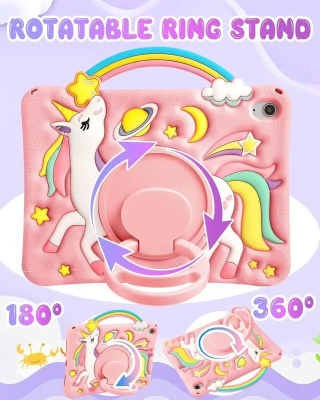 Alt view image 3 of 6 - Boaretiu for iPad A16 Case/10th Generation Case - Girls Teens Cute Cartoon Rainbow Unicorn 10.9 Inch 2022 Tablet Cover with Strap & Rotating Stand Soft 3D Silicone Funda for iPad 11th 11 Inch 2025