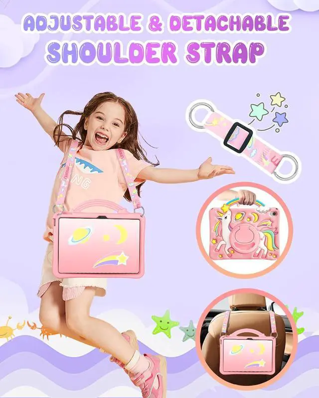 Alt view image 4 of 6 - Boaretiu for iPad A16 Case/10th Generation Case - Girls Teens Cute Cartoon Rainbow Unicorn 10.9 Inch 2022 Tablet Cover with Strap & Rotating Stand Soft 3D Silicone Funda for iPad 11th 11 Inch 2025