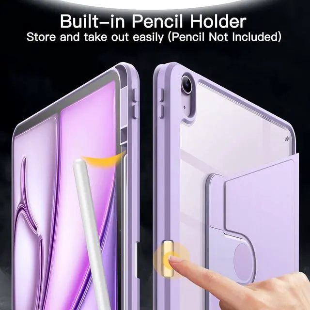 Alt view image 5 of 7 - JETech Rotating Case for iPad Air 13-Inch M3/M2 (2025/2024) with Pencil Holder, 360 Degree Rotation Protective Stand Cover Clear Back, Auto Wake/Sleep (Purple)