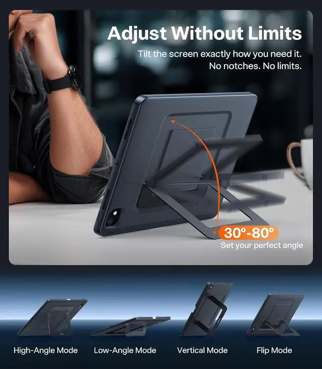 Alt view image 4 of 7 - TORRAS Ostand for iPad Pro 11 inch Case 2024 (M4) Ultra Stable Stand, Multiple Adjustable Viewing Angles, Slim Protective Kickstand Cover, Translucent iPad 11 Pro Case with Pencil Holder, Black