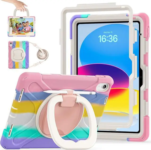 Main image of Case for iPad 11th Generation 11" (A16) 2025,iPad 10th Generation 10.9" 2022,Shockproof Cover for Kids with Screen Protector,Rotating Stand,Pencil Holder,Shoulder Strap (Colourful Pink)