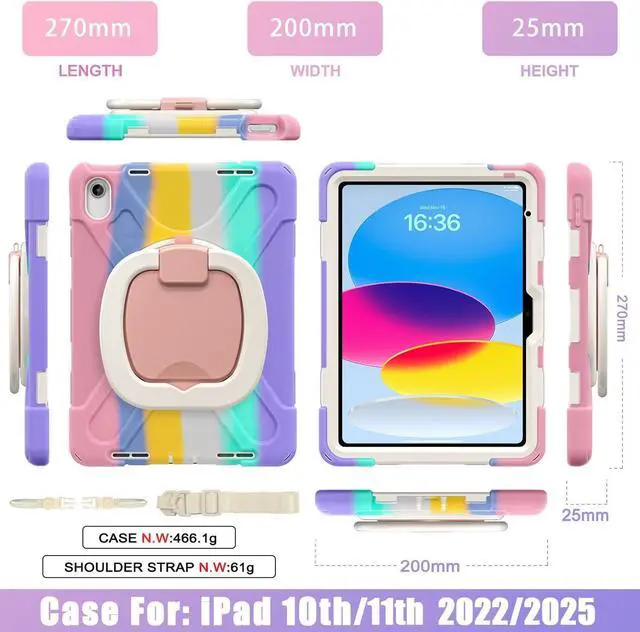 Alt view image 2 of 7 - Case for iPad 11th Generation 11" (A16) 2025,iPad 10th Generation 10.9" 2022,Shockproof Cover for Kids with Screen Protector,Rotating Stand,Pencil Holder,Shoulder Strap (Colourful Pink)