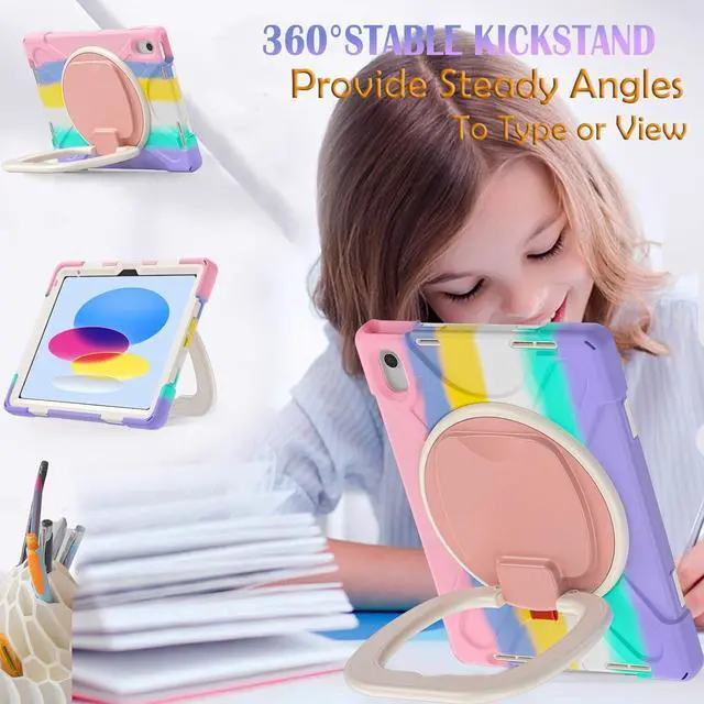 Alt view image 4 of 7 - Case for iPad 11th Generation 11" (A16) 2025,iPad 10th Generation 10.9" 2022,Shockproof Cover for Kids with Screen Protector,Rotating Stand,Pencil Holder,Shoulder Strap (Colourful Pink)