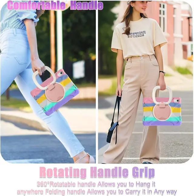 Alt view image 5 of 7 - Case for iPad 11th Generation 11" (A16) 2025,iPad 10th Generation 10.9" 2022,Shockproof Cover for Kids with Screen Protector,Rotating Stand,Pencil Holder,Shoulder Strap (Colourful Pink)