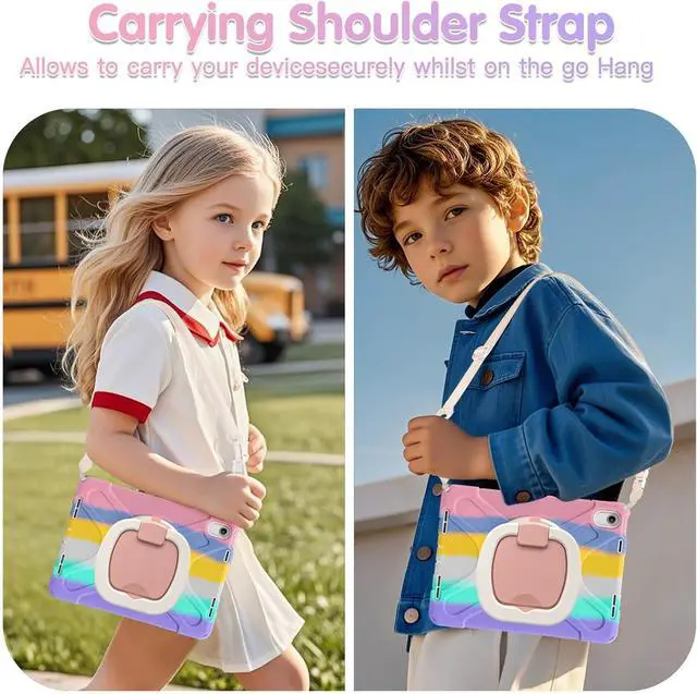 Alt view image 6 of 7 - Case for iPad 11th Generation 11" (A16) 2025,iPad 10th Generation 10.9" 2022,Shockproof Cover for Kids with Screen Protector,Rotating Stand,Pencil Holder,Shoulder Strap (Colourful Pink)