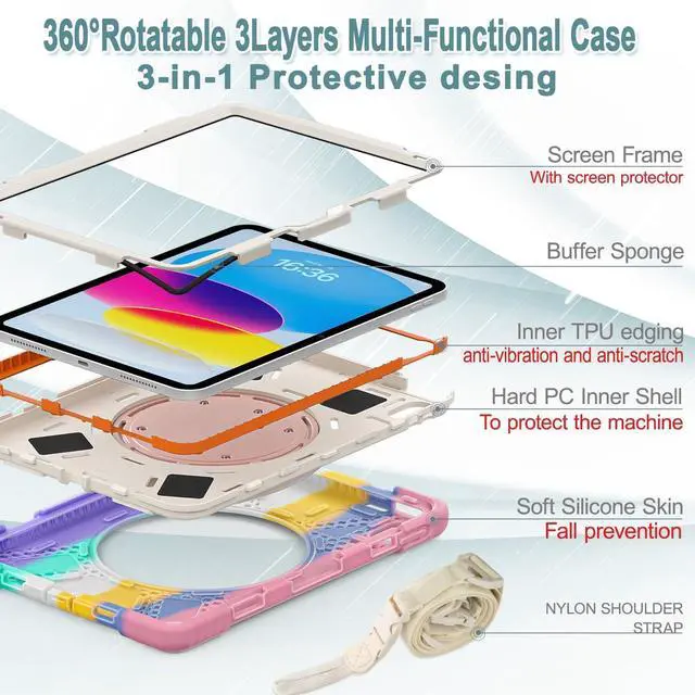 Alt view image 7 of 7 - Case for iPad 11th Generation 11" (A16) 2025,iPad 10th Generation 10.9" 2022,Shockproof Cover for Kids with Screen Protector,Rotating Stand,Pencil Holder,Shoulder Strap (Colourful Pink)