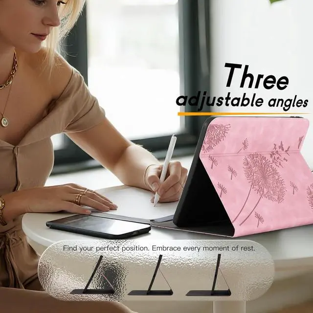 Alt view image 4 of 7 - Tablet Cover for iPad a16, Dandelion Design with Kickstand for Apple Pencil Holder, Magnetic Closure and Precise Cutouts, Compatible with Apple iPad a16 case Rosegold Pink