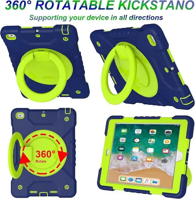 Alt view image 3 of 7 - Case for iPad 6th/5th Generation 9.7 inch 2018/2017 Case, iPad Air 2/Pro 9.7 inch Heavy Duty Protective Cover with Pencil Holder, Shoulder Strap, 360 Rotate Handle Stand, Navy+Green