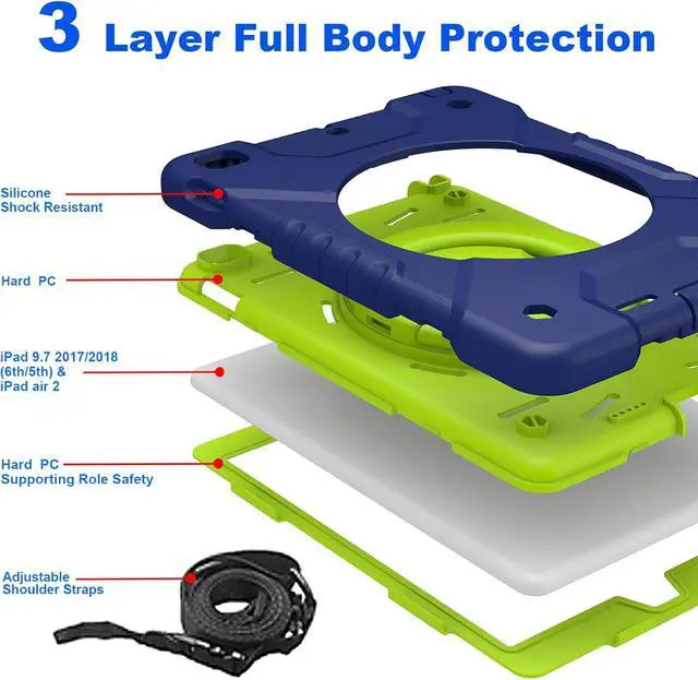 Alt view image 4 of 7 - Case for iPad 6th/5th Generation 9.7 inch 2018/2017 Case, iPad Air 2/Pro 9.7 inch Heavy Duty Protective Cover with Pencil Holder, Shoulder Strap, 360 Rotate Handle Stand, Navy+Green